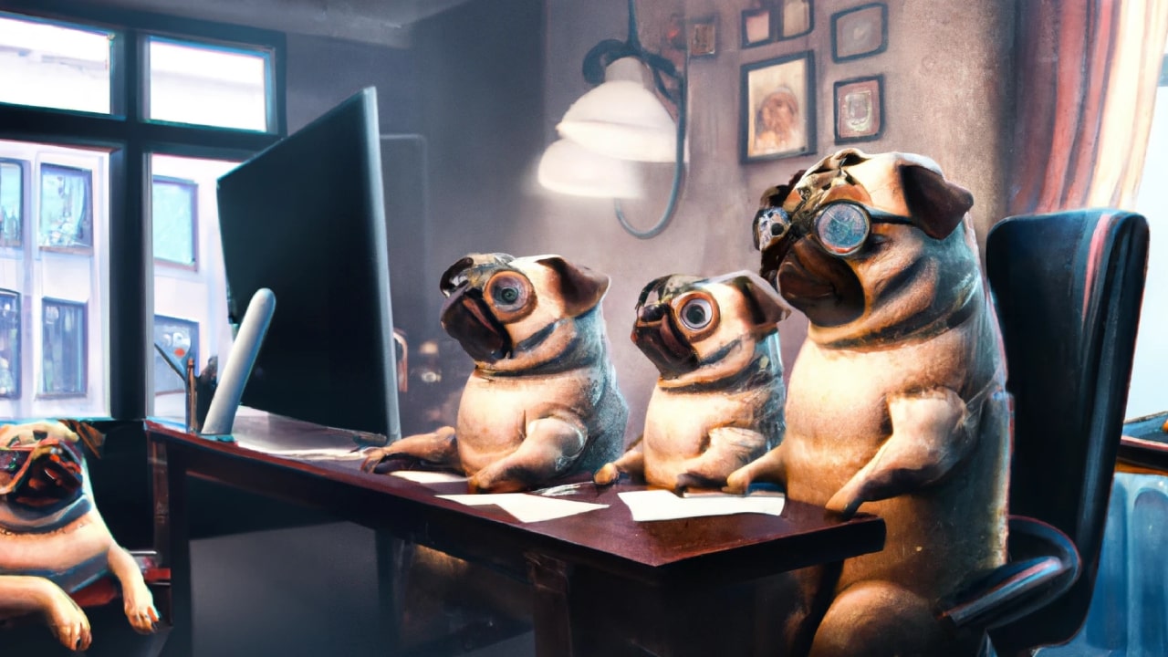 3 pugs with glasses in front of a computer in an office, digital art
